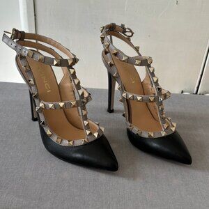 VINCI Black and Cream Turkish leather Studded Heels